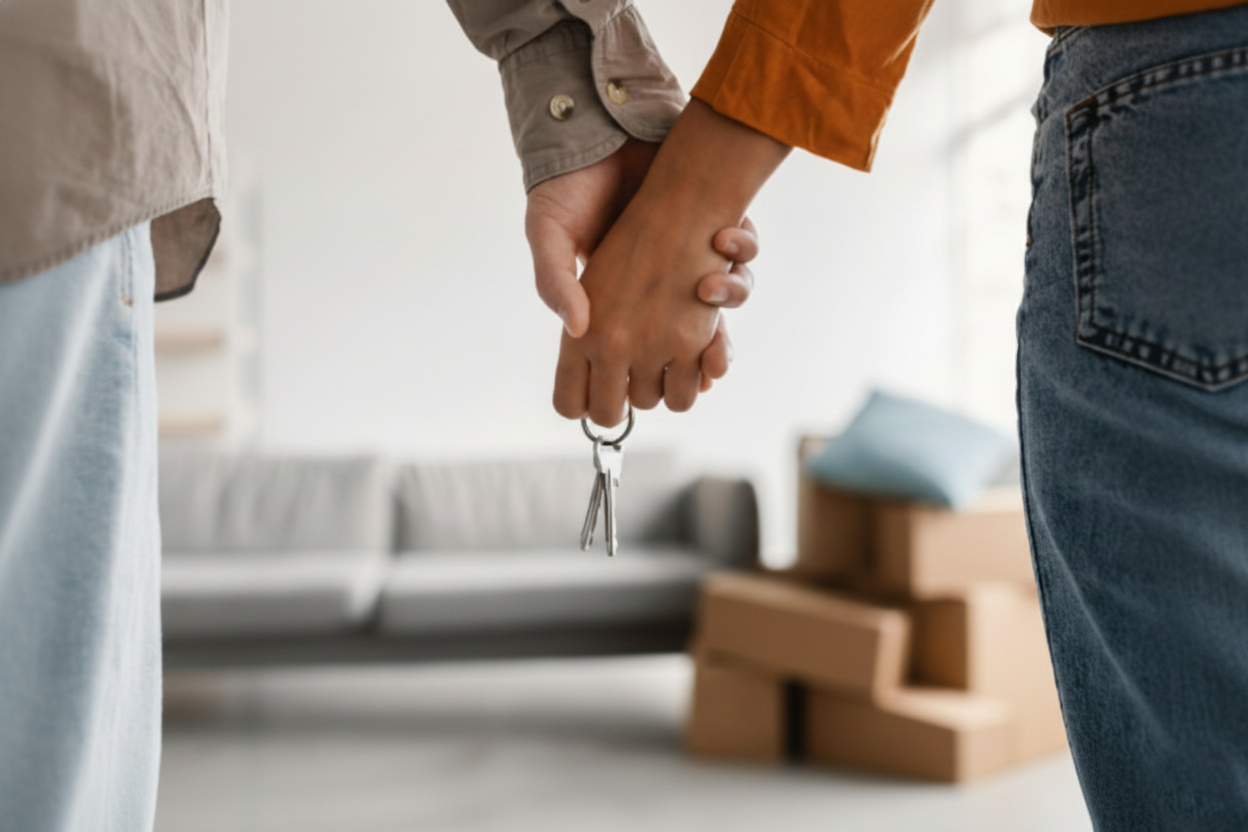 couple holding hands with a key to their house
